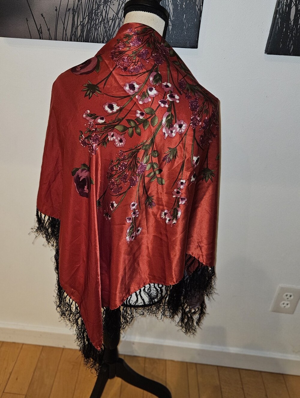 Laura Ashley Red Silk  Floral Fringe  Scarf/Shawl 100% Silk